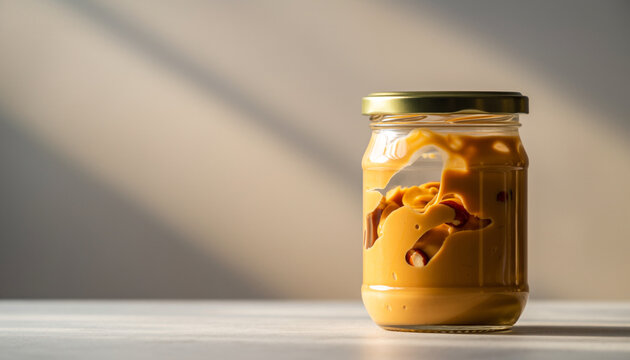 Jar of peanut butter on a table with golden lid