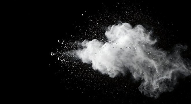 White powder explosion on black background, abstract flour dust burst isolated, realistic snow cloud splash motion, creative smoke trail for overlay effect.