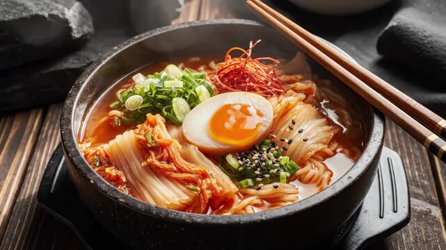 Colorful Spicy Bowl. Visually Striking Bowl Filled With Fiery Seasoned Noodles And Garnishes. An Eyecatching Plate Showcasing Vividly Colored Spicy Soup With Fresh Toppings And Vibrant Presentation.