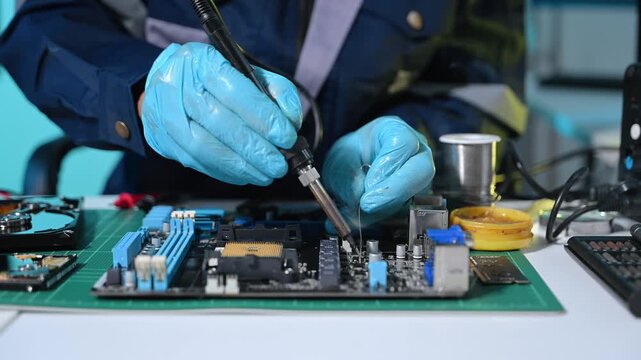 Senior technician performing PCB soldering and diagnostics with multimeter in electronics lab, showcasing hardware engineering