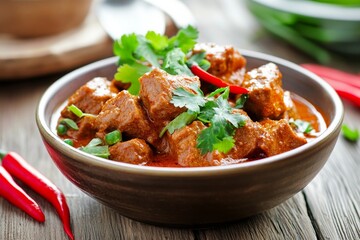 Fototapeta premium Enjoying a bowl of aromatic curry with tender meat and fresh herbs on a wooden table