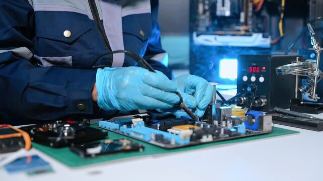 Senior technician performing PCB soldering and diagnostics with multimeter in electronics lab, showcasing hardware engineering