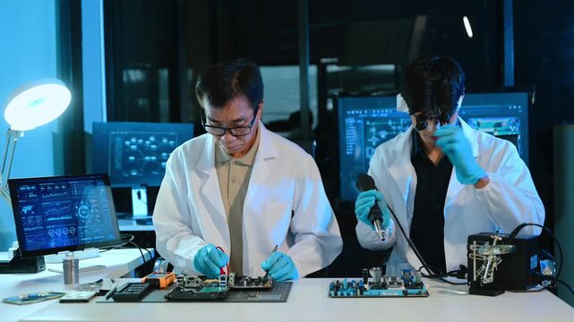 Engineers examining hard drive and motherboard in a technology lab, focusing on data storage, cybersecurity, diagnostics, and computer hardware repair