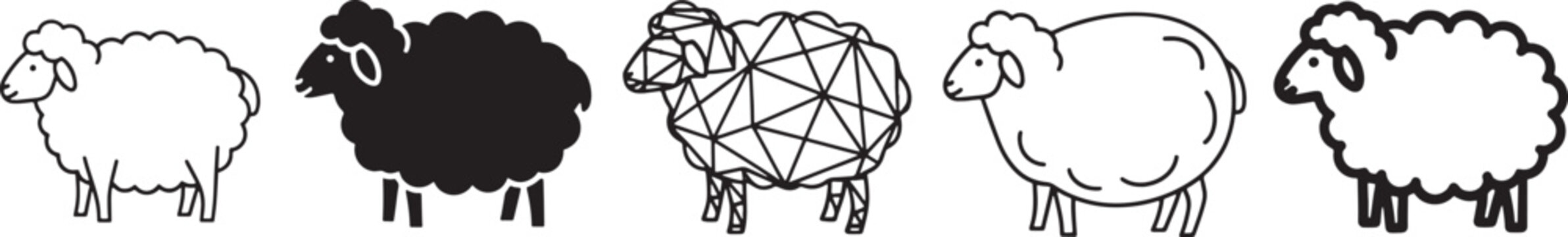 Five stylized sheep with varying wool patterns and designs