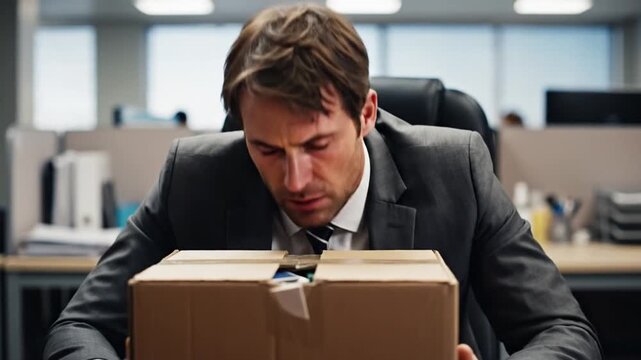 Professional businessman wearing a grey suit sitting at an office desk with a cardboard box filled with office supplies and belongings, depicting job loss, firing, or relocation.