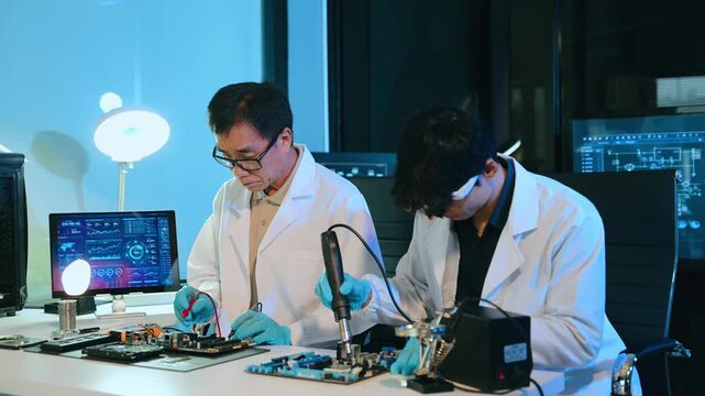 Engineers examining hard drive and motherboard in a technology lab, focusing on data storage, cybersecurity, diagnostics, and computer hardware repair