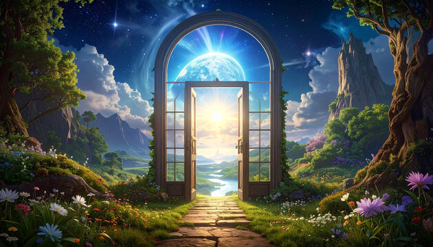 An open door reveals a fantasy world with a glowing moon and pathway through a lush landscape.