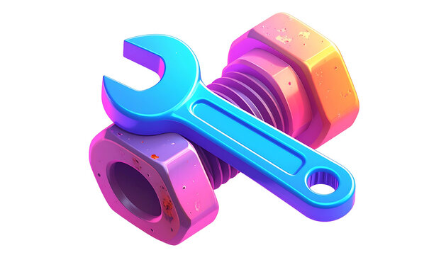 Wrench tightening a hex bolt and nut in vibrant cartoon style for maintenance and construction
