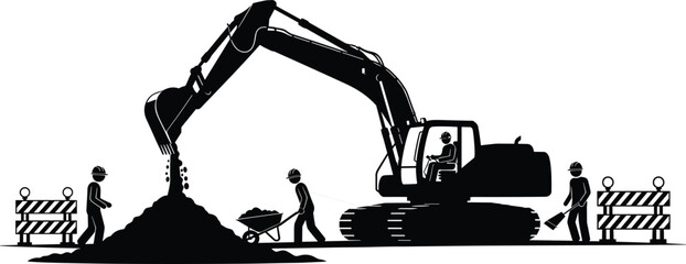 Silhouette of a heavy hydraulic excavator machine working at a construction site with worker figures using wheelbarrows and shovels near safety barriers for industrial project development. © MstRupali