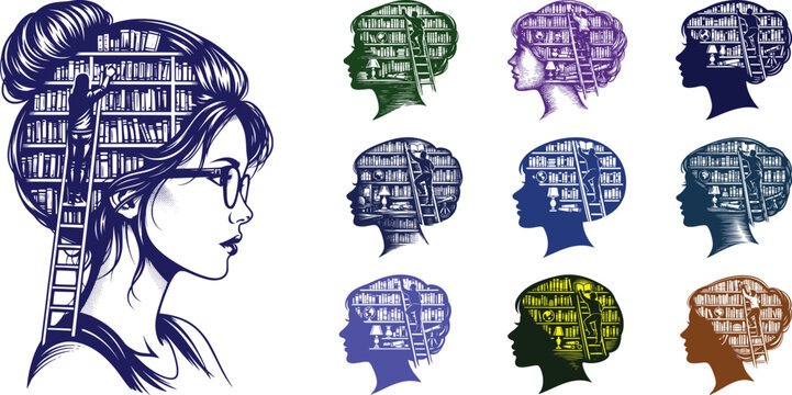 Blue line portrait of a woman with colorful geometric brain in profile view anatomy