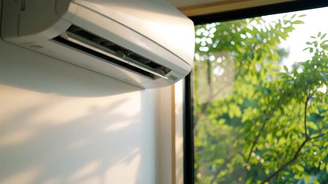 White wall-mounted split system air conditioning unit installed on a plain white wall with horizontal vents adjusted downwards for airflow in a modern home or office interior.