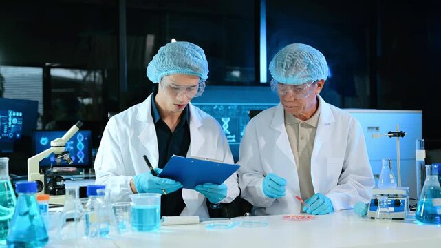 Scientists analyzing DNA genetics data on tablet in biotechnology laboratory with microscope and test tubes. Medical research, healthcare technology