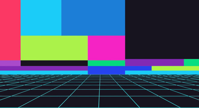 A vibrant 90s-style vector graphic design with editable, isolated elements on a white background, showcasing a colorful grid pattern.