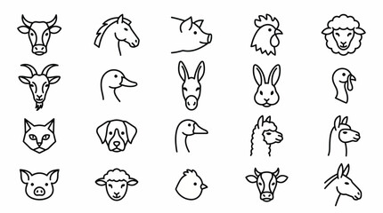 Fototapeta premium Numerous simple line icons depict the heads of various farm animals including cows, horses, pigs, chickens, sheep, goats, dogs, and ducks arranged in a grid pattern.