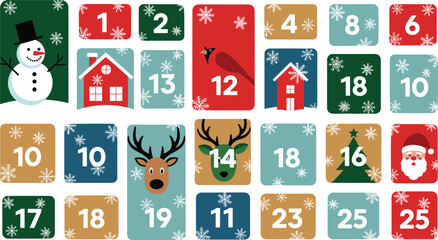 Christmas advent calendar number set festive holiday countdown grid with snowman santa reindeer house winter vector illustration collection © Ratna