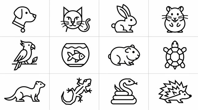 A grid displays common household pet icons including a dog, cat, rabbit, and hamster drawn with clean black strokes.