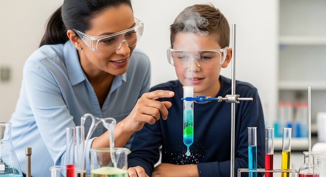 A supportive teacher guides a young student during a fascinating science experiment in laboratory