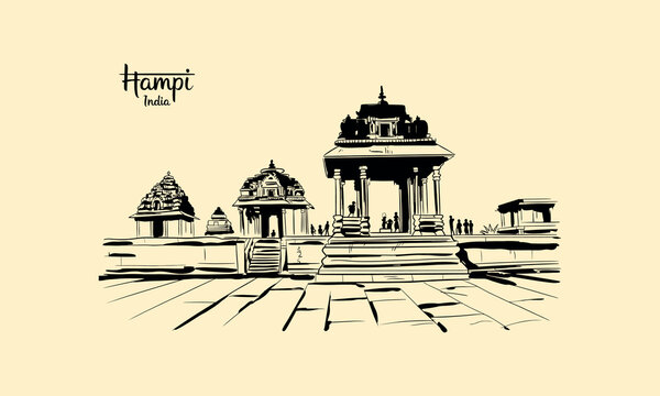 Hampi India Virupaksha Temple complex sketch with people architecture