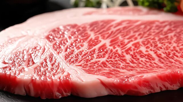 Extreme close up of premium raw marbled beef steak showing intricate fat texture and fresh red meat on a dark plate