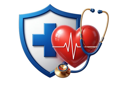 3d medical heart with stethoscope and shield emblem isolated on transparent background
