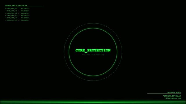 Cybersecurity data encryption interface with green HUD core protection and traffic verification animation.