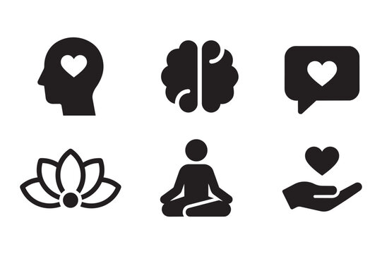 Mental health and wellbeing vector icon set with transparent background, flat black silhouette head heart, brain, lotus, meditation, hand holding heart symbols, isolated PNG, cutout design