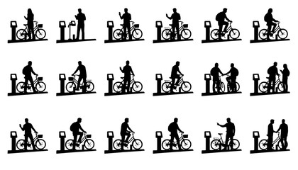 Fototapeta premium Black and white vector illustration set of cyclists interacting with bicycles at urban bike parking stations and parking meters. Silhouettes show people arriving by bike, locking bicycles, standing 