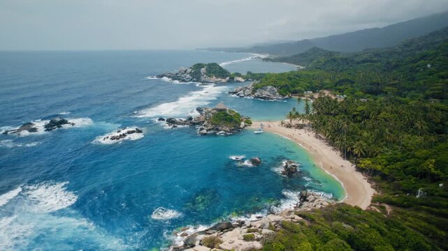 Aerial view of Tayrona National Park, Colombia with stunning tropical 
