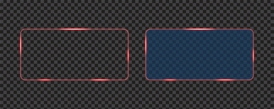 Neon red glowing frames set on dark transparent background. Rectangular thin borders with light effects and bright sparkles. Vector layout for digital advertising
