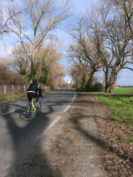 Cycliste ag&eacute; sur une une route &agrave; Zuydcoote