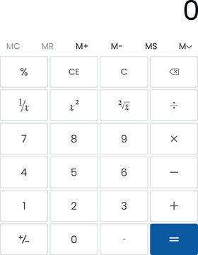 Minimalist white calculator interface on transparent background grid. Clean numeric keypad with blue equal button for mobile application. Vector finance tool set