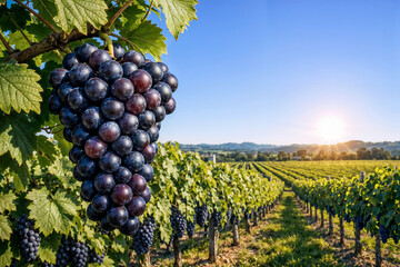 Naklejka premium Ripe grapes hanging in vineyard during sunset representing agriculture harvest wine production and natural rural landscape scenery