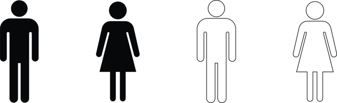 Minimalist man and woman silhouette and outline icons for restroom signage and human figure representation in professional graphic design and navigation projects