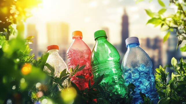 Colorful Plastic Bottles in Urban Nature Amidst Sunlight, Symbolizing Recycling and Environmental Awareness