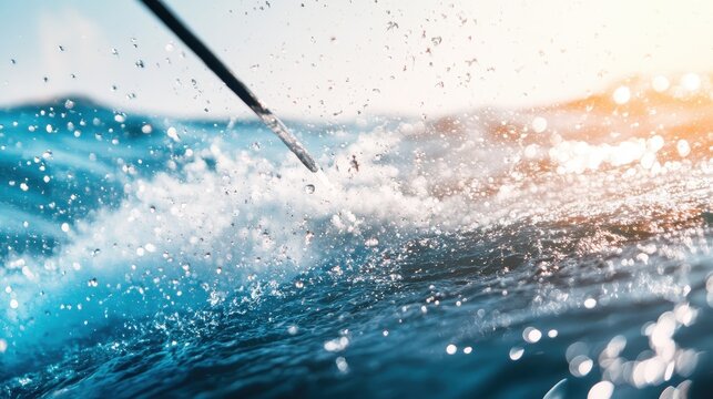 Dynamic wakeboarding action with water splashes and bright sunlight on a calm lake