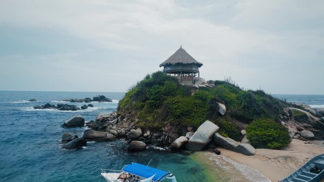 Aerial view of a hut on a small island in Tayrona National Park, Colom