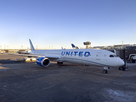 United Airlines Boeing 787 Dreamliner aircraft at the gate of the EWR - Newark Liberty International Airport
