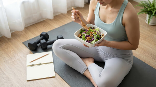 Woman sitting cross legged on yoga mat eating healthy green salad from bowl feeling relaxed and calm after home workout with dumbbells and notebook on wooden floor by window