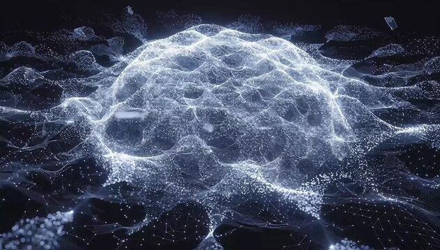 Large floating cloud of luminous particles representing a distributed artificial intelligence brain, particle clusters connecting through glowing data lines forming dynamic neural structures