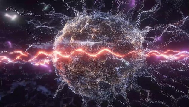 Highly detailed particle network forming an abstract artificial intelligence system where glowing particles act as neuron nodes, energy pulses traveling across the network in synchronized waves