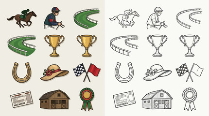 Naklejka premium Collection of horse racing themed icons in both color and black and white outline styles, featuring jockeys, tracks, trophies, and related accessories.