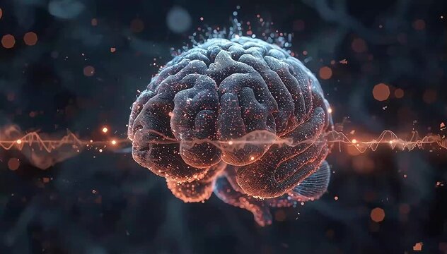 Abstract digital brain cortex composed of millions of microscopic particles arranged in layered neural structures, waves of glowing energy passing through the particle neurons like brain signals