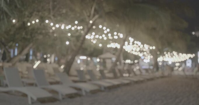 Beach Sun Loungers By The Sea. Chaise-longues, Chaise Longue On Beach In night. Sunbeds In Row