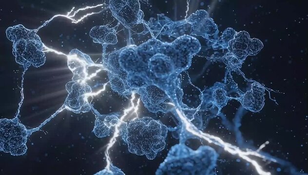 Thousands of glowing nano particles self-organizing into neural clusters that resemble a living artificial brain system