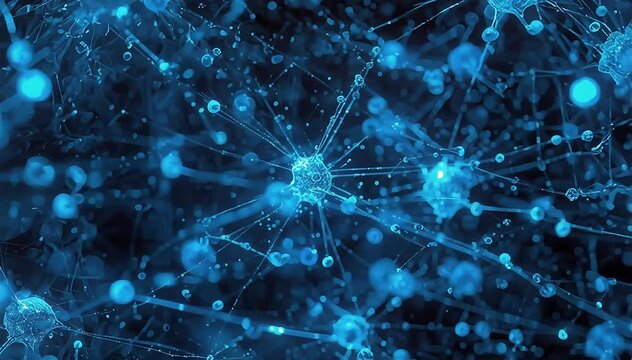 Thousands of glowing nano particles self-organizing into neural clusters that resemble a living artificial brain system