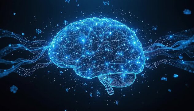 Large floating cloud of luminous particles representing a distributed artificial intelligence brain, particle clusters connecting through glowing data lines forming dynamic neural structures
