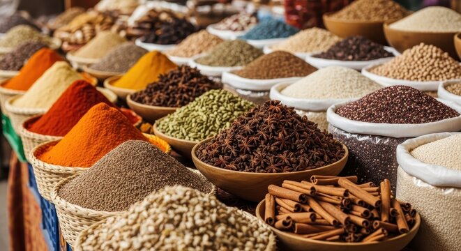 Vibrant assortment of spices and grains displayed in traditional baskets at an outdoor market
