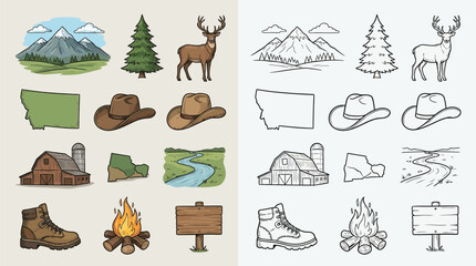 Fototapeta premium Collection of Montana-themed icons including landscapes, wildlife, and rural elements in both color and line art styles.