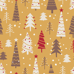 Obraz premium Charming Christmas seamless pattern with playful deer and stylized forest elements, great for wrapping paper, textile design, and festive backgrounds.