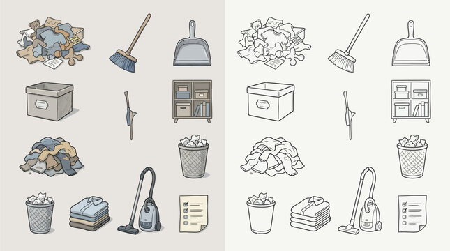 A collection of hand-drawn illustrations depicting various cleaning supplies and items, presented in both colored and line-art versions.